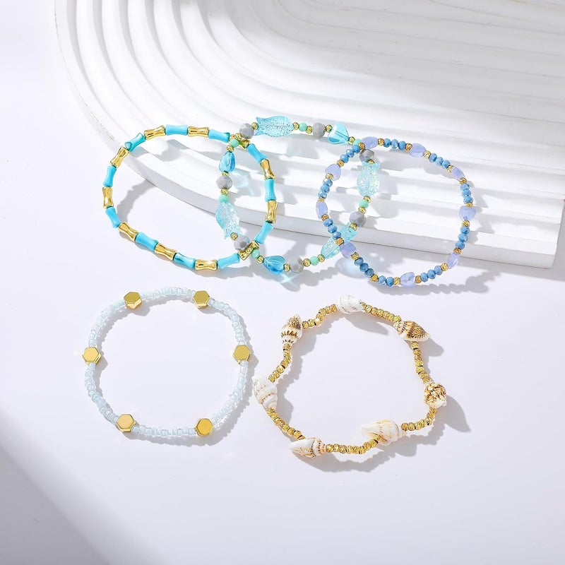 Pymach Store Dainty Gold Plated Pearl Crystal Beaded Bracelets Set for Women 14K Gold Plated Bead Pearl Beads Bracelet Stackable Paperclip Link Chain Bracelets Gold Plated Bracelets for Women Trendy Jewelry - Image 5